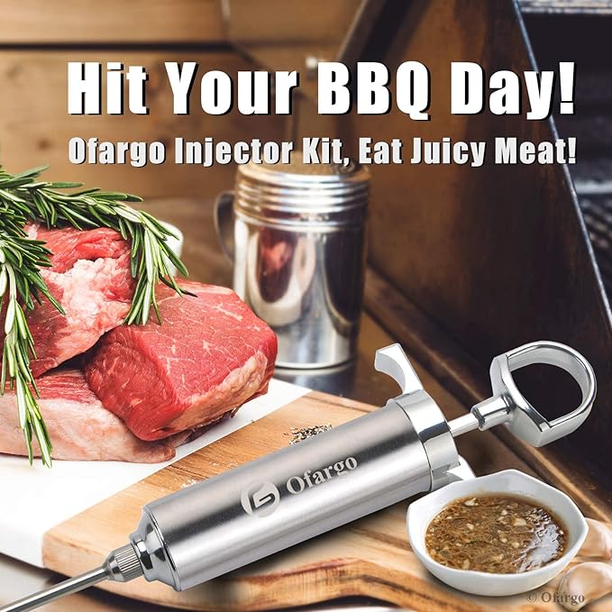 Ofargo Stainless Steel Meat Injector Syringe Kit with 4 Marinade Needles for BBQ Grill Smoker, Father Day Gifts for Dad Husband Men Him, 2-oz Large Capacity, Both Paper User Manual and E-Book Recipe
