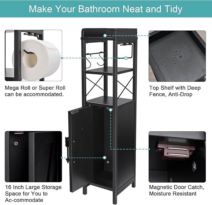 VECELO Small Bathroom Cabinet,Slim Toilet Paper Holder with Door&Metal Scroll, Upgraded Narrow Storage Organizer for Restroom Bathroom Tiny Space,Fenced Top Waterproof Coating,Black