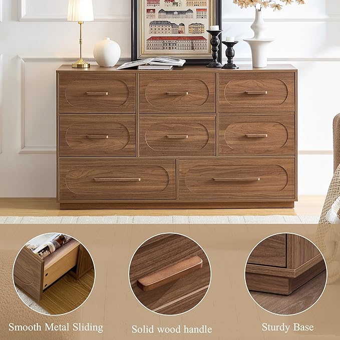Modern 8 Drawer Dresser for Bedroom, 54" Wide Dressers & Chest of Drawers w/Solid Wood Handle, Wood Mid Century Closet Organizers and Storage Cabinet for Bedroom, Living Room, Hallway, Walnut