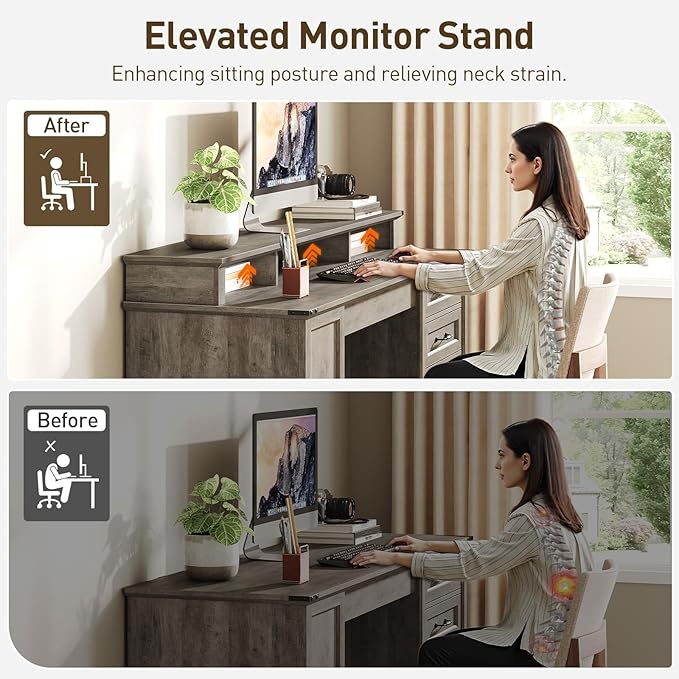 55'' Farmhouse Executive Desk with Drawers, Home Office Desk with File Cabinet and Storage Shelf, Charging Station, Computer Desk with Monitor Stand, Writing Gaming Desk, Greige