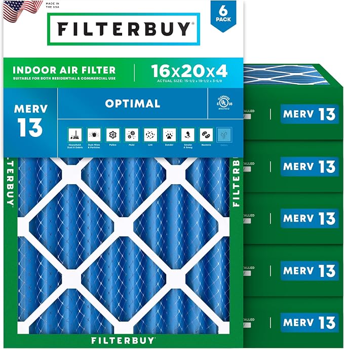 Filterbuy 16x20x4 Air Filter MERV 13 Optimal Smoke & Allergy Defense,