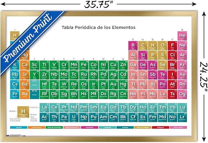 Trends International Periodic Table Of Elements - Spanish Wall Poster, 22.375" x 34", Gold Framed Version