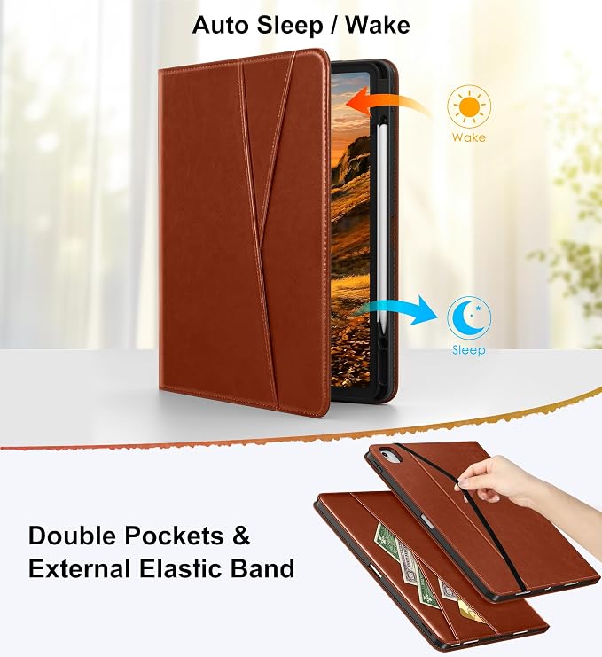 DTTO for iPad Air 13 Inch Case M4 / M3 / M2 (2026/2025/2024) 360 Degree Rotating Premium Leather Folio Stand Cover with Pencil Holder Brown