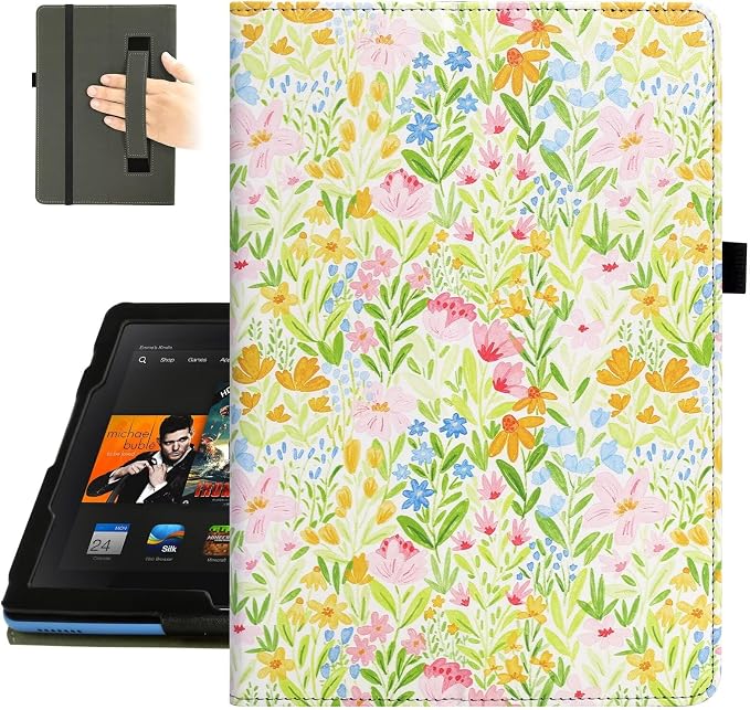 Fancity Case for Kindle Fire HD 10/10 Plus 13th/11th Generation 2023/2021 | Premium PU Leather Protective Case with Adjustable Angles Auto Wake/Sleep Hand Strap for Fire HD 10/10 Plus Black Floral