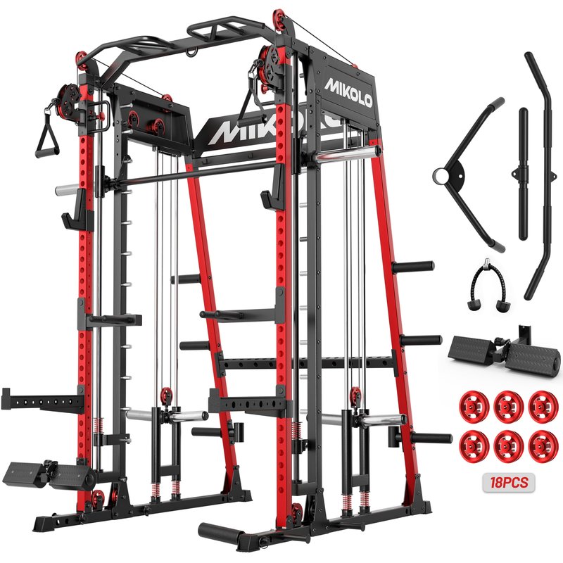 Mikolo M4 2.0 Ultra Smith Machine, Multi-Function Squat Rack with LAT-Pull Down System & Cable Crossover Machine, Training Equipment with Leg Hold-Down Attachment, Red