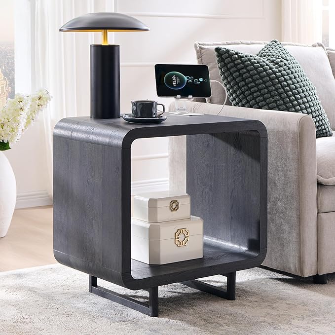 23.6" Modern End Table Set of 2, 2 Tier Side Table with Charging Station, Simple Bedside Table with Open Storage Shelf, Outlet, Wooden Nightstand for Bedroom, Living Room, Study, Dark Grey