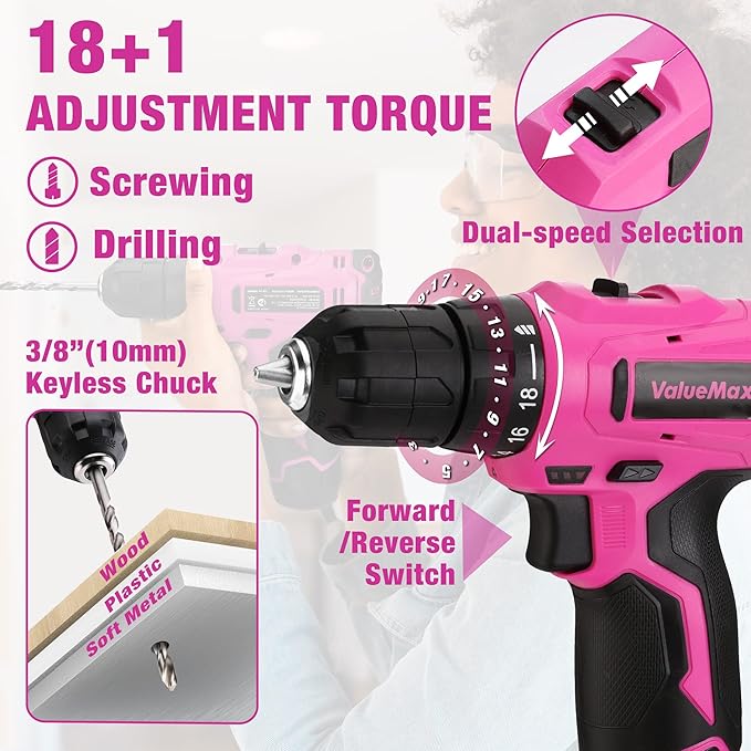 ValueMax Home Tool Kit with Drill, 233-Pieces Pink Tool Set with 12V Cordless Lithium-ion Drill, Power Tool Set with Wide Mouth Open Storage Bag, Basic Drill Sets Combo Kit for DIY and Daily Repair