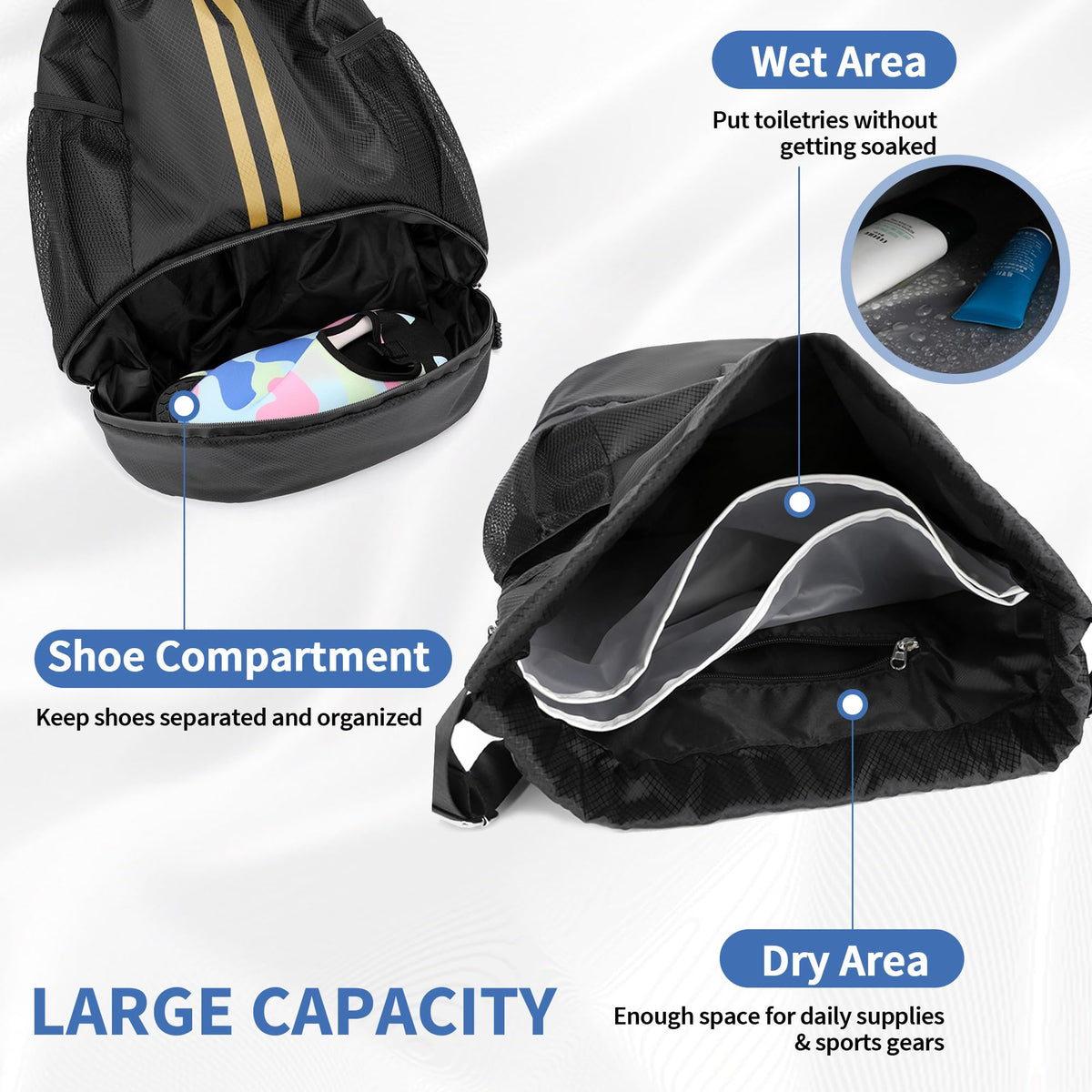 JELUTAR Drawstring Backpack Gym Bag with Shoes Pocket, Black Gold