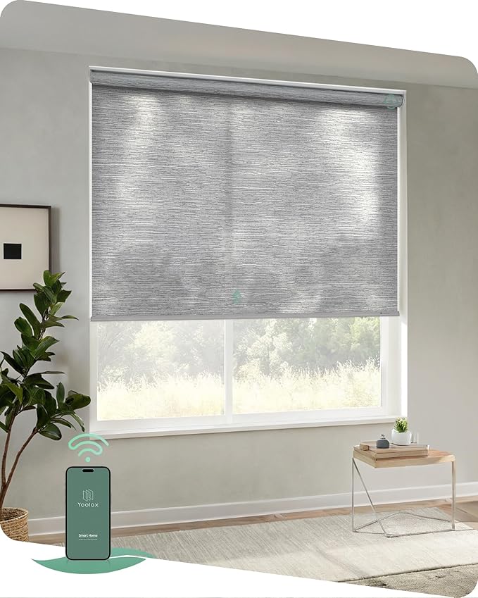 Yoolax Motorized Blinds App Control, Light Filtering Motorized Shades for Windows, Cordless Automatic Roller Shades for Bedroom Living Room Office(Light Filtering Jacquard Gray, 25" W x 72" H)