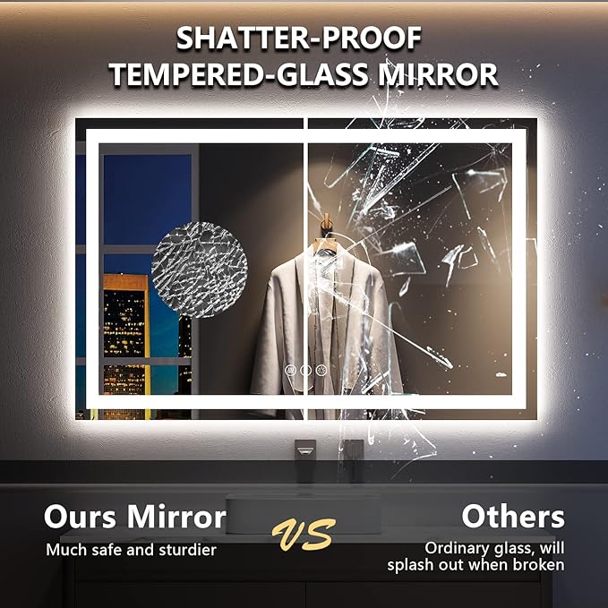 YEELAIT 55x36 Inch LED Bathroom Mirror with Lights Front and Backlit Lighted Vanity Mirror for Bathroom Wall with 3 Colors Dimmable Anti-Fog Memory Shatter-Proof IP54 Waterproof Horizontal/Vertical