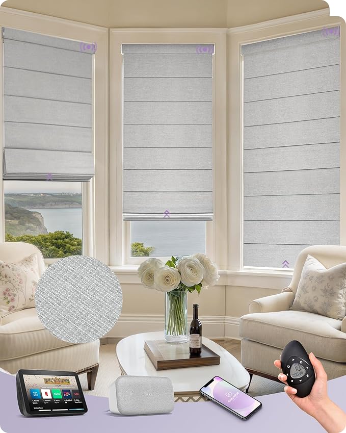 Graywind Smart Roman Shades 100% Blackout Compatible with Alexa Google Rechargeable Motorized Window Blinds Remote Control Room Darkening Plain Fold, Custom Size (Textured Grey)