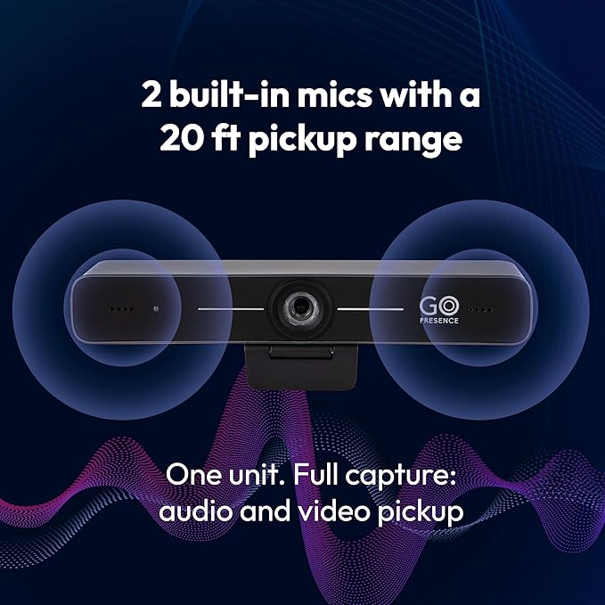GoPresence Smart 4K Compact Video Conference Camera – Ultra HD 120° Wide Lens, AI Auto-Framing, Noise-Cancelling Mics, 20ft Pickup, Plug-and-Play USB for All Video Conference Platforms – Small Rooms