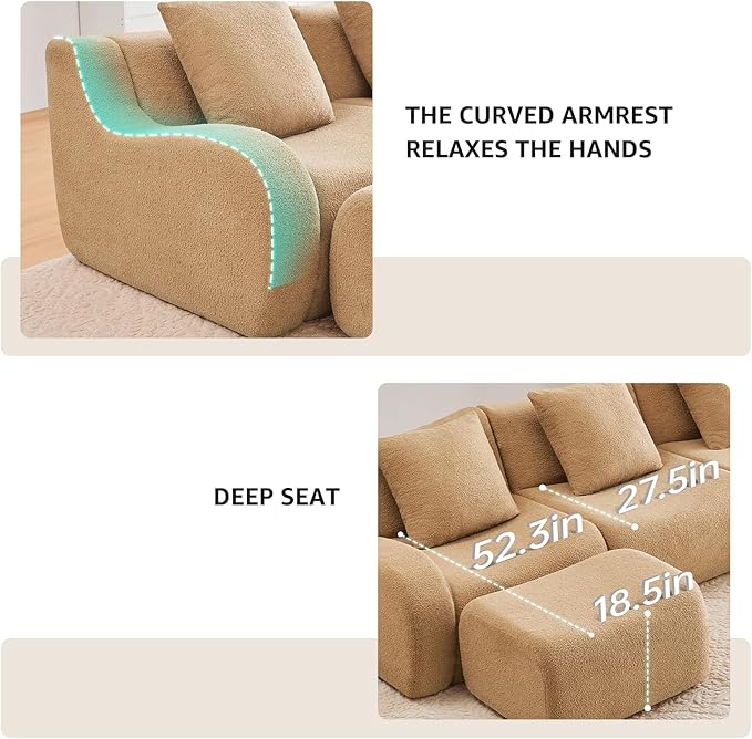 Camel Cloud Couch Loveseat, Modern Teddy Fabric Boneless Sectional Sofa in a Box for Living Room, Modular Floor Couch, No Assembly Required, Sofas para Sala