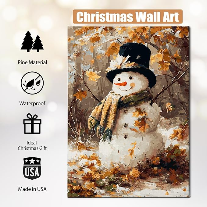 Vintage Snowman in Forest Christmas Canvas Wall Art - Rustic Winter Landscape Framed Print for Living Room, Cozy Christmas Wall Decor, Ideal Christmas Gifts & Festive Winter Decor