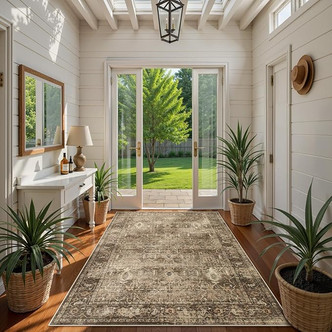 Lahome Vintage 5x7 Washable Brown Rugs for Living Room Bedroom, Soft Dining Room Rugs for Under Table, Non Slip Indoor Throw Carpet for Entryway Kitchen Office (5x7ft,Brown)
