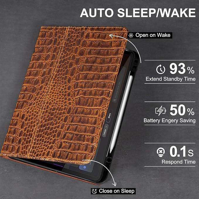 Leather Case for iPad Pro 13 Inch M5/M4 2025/2024Silver Black | Genuine Leather Cover with Pencil HolderProtective Smart Folio Auto Sleep/WakeShockproofAdjustable Stand
