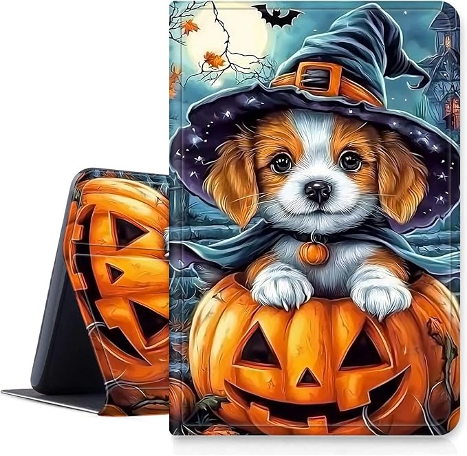 Case for Amazon Fire 7 Tablet 2019/2017 Release 9th/7th Generation PU Leather Smart Protective Cover with Auto Sleep/Wake for Fire 7 2019Dog Wearing Witch Hat Pumpkin