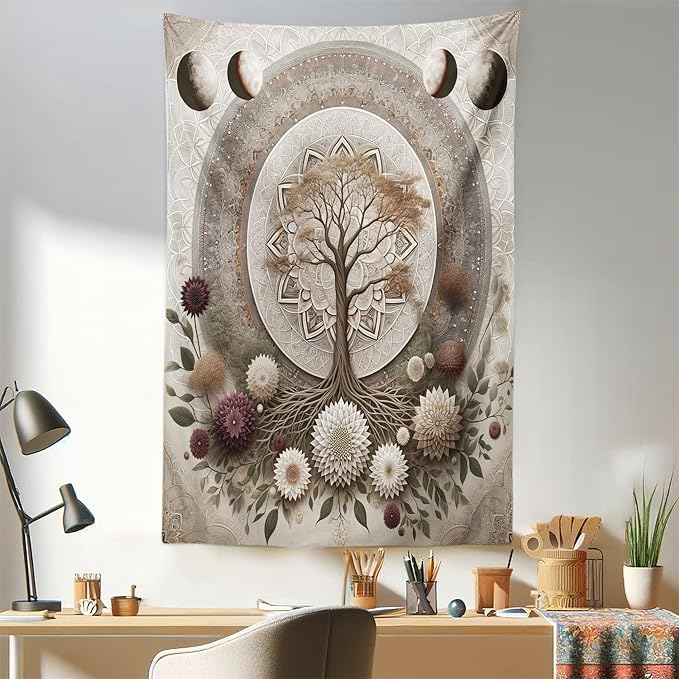 Ambesonne Moon Tapestry, Ethno Mandal Featuring Gentle Vines of Tree of Life and Flowers Boho Luna, Fabric Wall Hanging Decor for Bedroom Living Room Dorm, 30" X 45", Pale Mustard Eggplant
