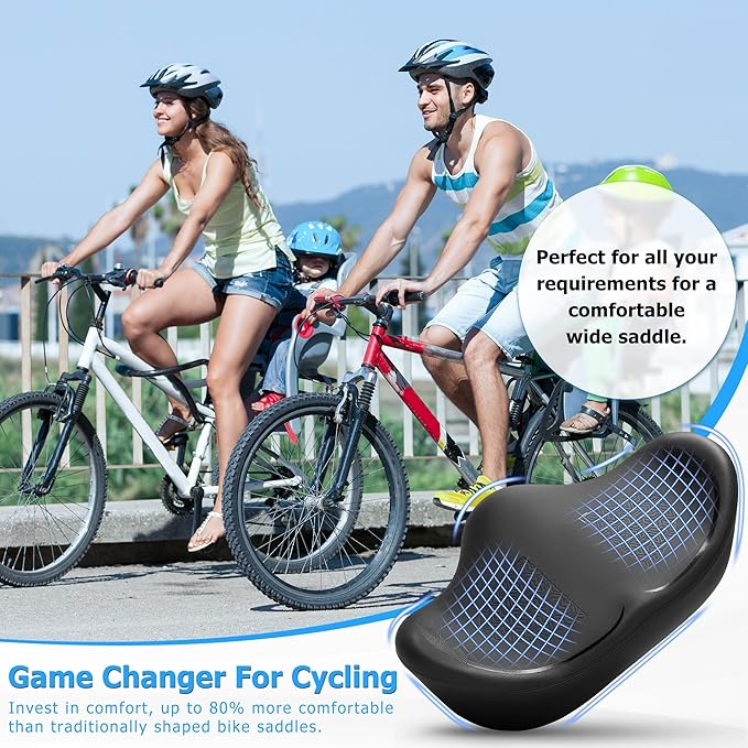 Noseless Oversized Bike Seat for Men Women Comfort, Extra Wide Padded Bicycle Seat Cushion, Large Comfortable Bike Saddle for Peloton, Stationary Exercise Bike, Beach Cruiser, City Bike, Ebike