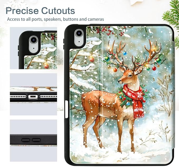 Vimorco Christmas Case for iPad (A16) 11th/10th Gen 11/10.9 inchAntlers | Multi-Angle Viewing Protective Folio Stand Shockproof CoverPencil HolderSupport Touch IDAuto Wake/SleepEssential Gift