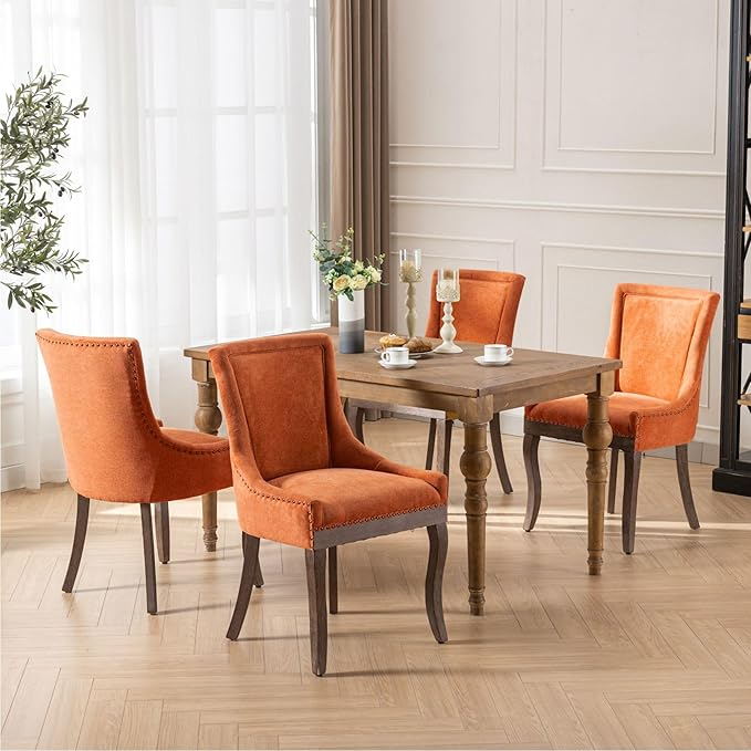 Farmhouse Dining Chairs Set of 2, Upholstered Fabric Dining Room Accent Chairs with Wood Legs & Bronze Nailhead, High Wingback Kitchen Chairs for Living Room Hotel Apartment, Orange