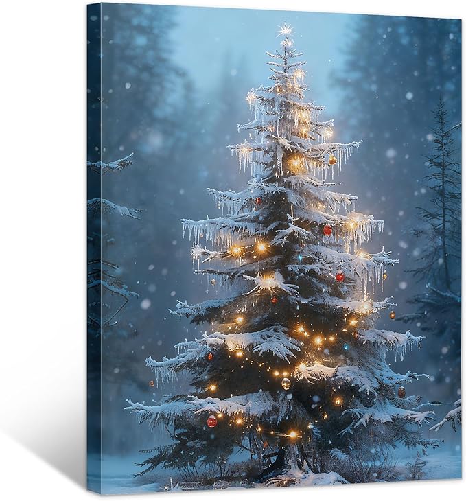 Framed Christmas Pictures Wall Decor,Vintage Pine Tree Prints,Winter Christmas Canvas Wall Art Decoration for Bedroom Bathroom Living Room Rustic Xmas Holiday Gifts (Christmas Tree 15, 24'' X 36'')