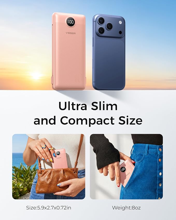 VEGER Portable Charger for iPhone Power Bank Built in Cable and Wall Plug | 10000mAhUltra Slim&ampCompact5 OutputsLED DisplayFlight-SafeTravel Essentials Battery Pack for iPhone 17iPad Samsun