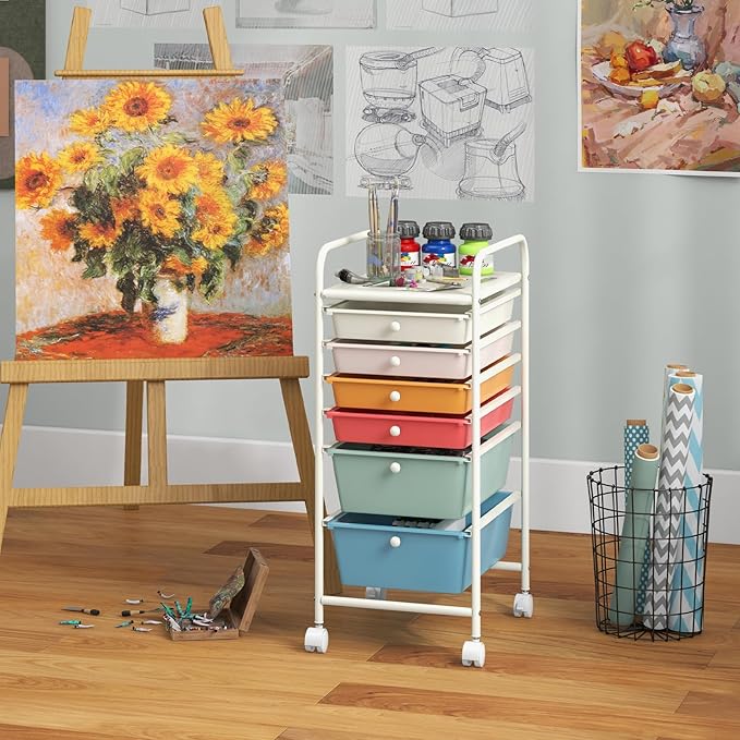 COSTWAY 6-Drawer Rolling Storage Cart, Multifunctional Art Craft Tools Organizer on Wheels, Heavy Duty Utility Mobile Storage Trolley w/ 2 Lockable Wheels for Home Office School, Macaron