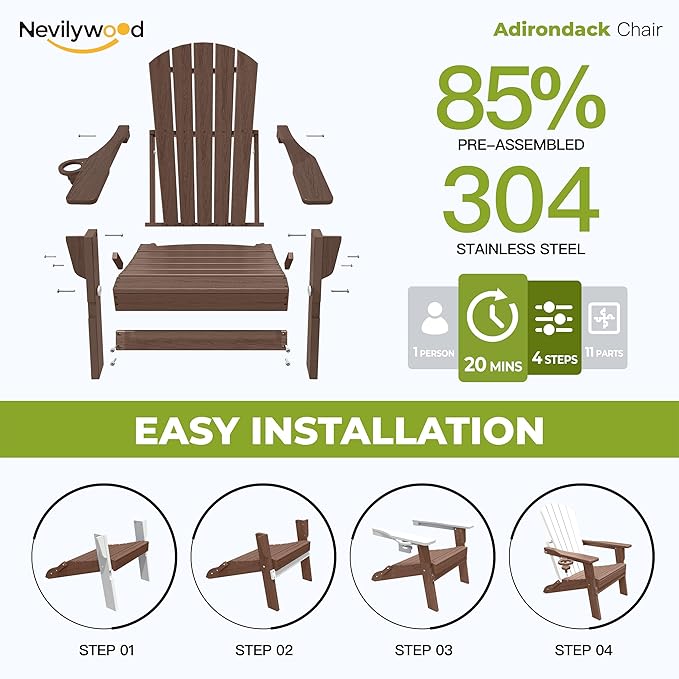 nevilywood Folding Adirondack Chair with Cup Holder, HDPE Patio Chairs, All-Weather Outdoor Chairs for Backyard, Deck, Fire Pit-Coffee