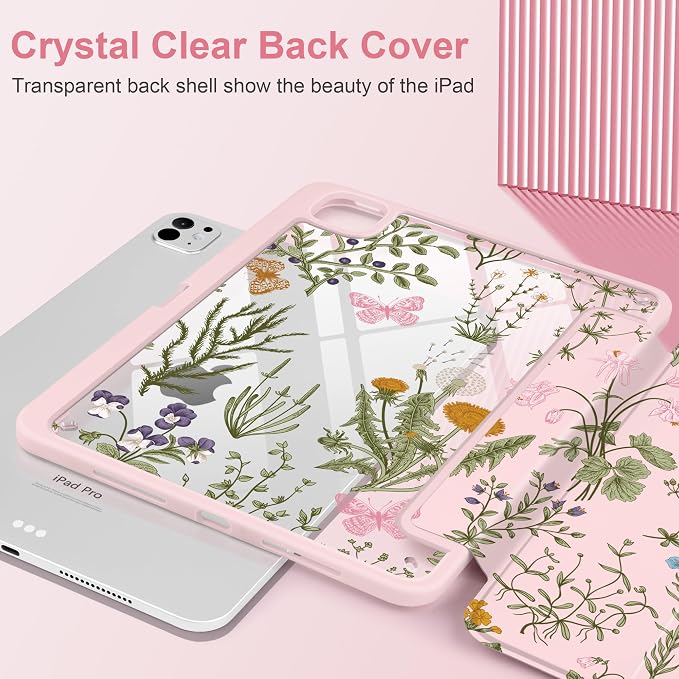 DONGKE for iPad Pro 11-Inch Case (M5 2025 / M4 2024) 6th/5th Generation [Auto Sleep/Wake &amp Pencil Pro Holder] Clear Acrylic Back Smart Trifold Stand Cover Bear &amp Cherry