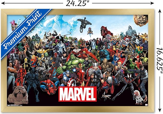 Marvel Comics The Marvel Lineup Wall Poster, 22.4L" x 14.7W", Gold Framed Version