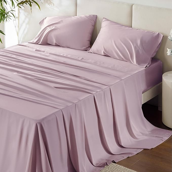 Bedsure California King Sheet Sets, Cooling Sheets, Rayon Derived from Bamboo, Breathable & Soft, Deep Pocket Up to 16 Inches, Hotel Luxury Silky Bedding for Hot Sleepers, Lavender