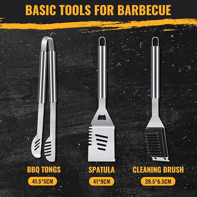 BBQ Grill Tools Set 16-inch Heavy Duty, 3 Pcs - Barbecue Utensils Kit for Camping, Kitchen, Outdoor Cooking,Suitable as a Gift for Men, Fathers, Friends