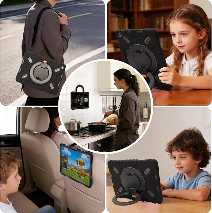 Pepkoo Triple Shock-Absorbing Protective Case for iPad (A16) 11th/10th Gen | Comfortable Heavy-Duty Kids Protective Case With Tactile Sensation With Handle Shoulder Strap (Black)