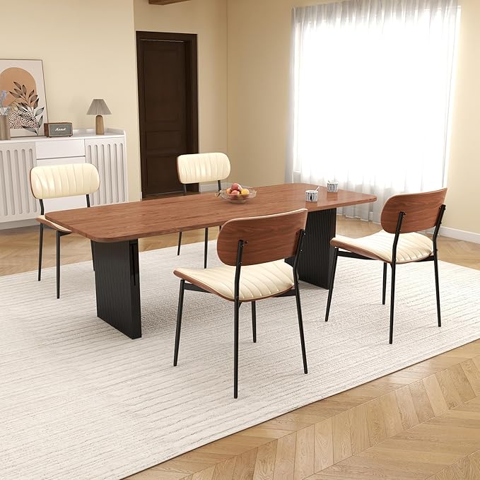 Mid Century Modern Dining Chairs Set of 2,Upholstered Faux Leather Kitchen Chairs with Walnut Bentwood Back and Metal Legs for Kitchen Dining Room Living Room, Beige