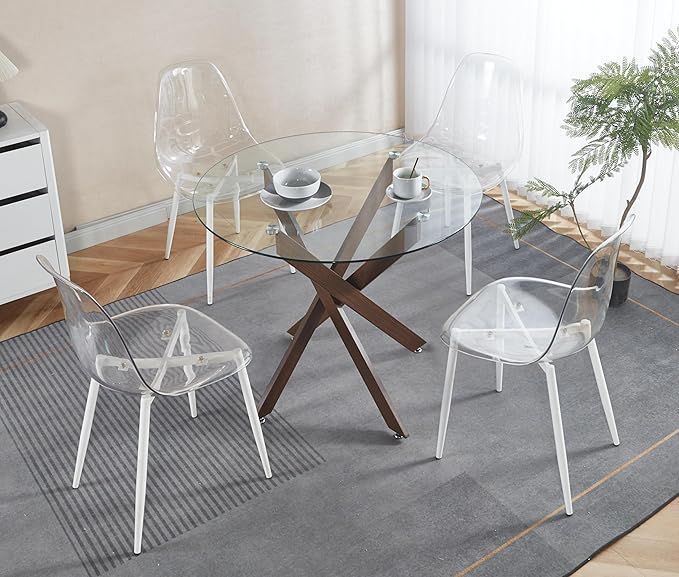 36" Round Dining Table for 4, Modern Clear Glass Kitchen Table for 4 with Walnut X Metal Legs, Contemporary Small Circle Dining Room Leisure Tables for Kitchen Apartment