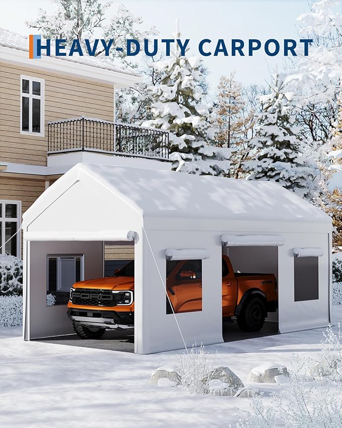 Garvee 10x20 Carport Canopy, Heavy Duty Car Port with Waterproof Tarp, Roll-Up Windows & Doors, Outdoor Portable Garage with Removable Sidewalls, for Car, Boat, Truck, Motorcycle, White