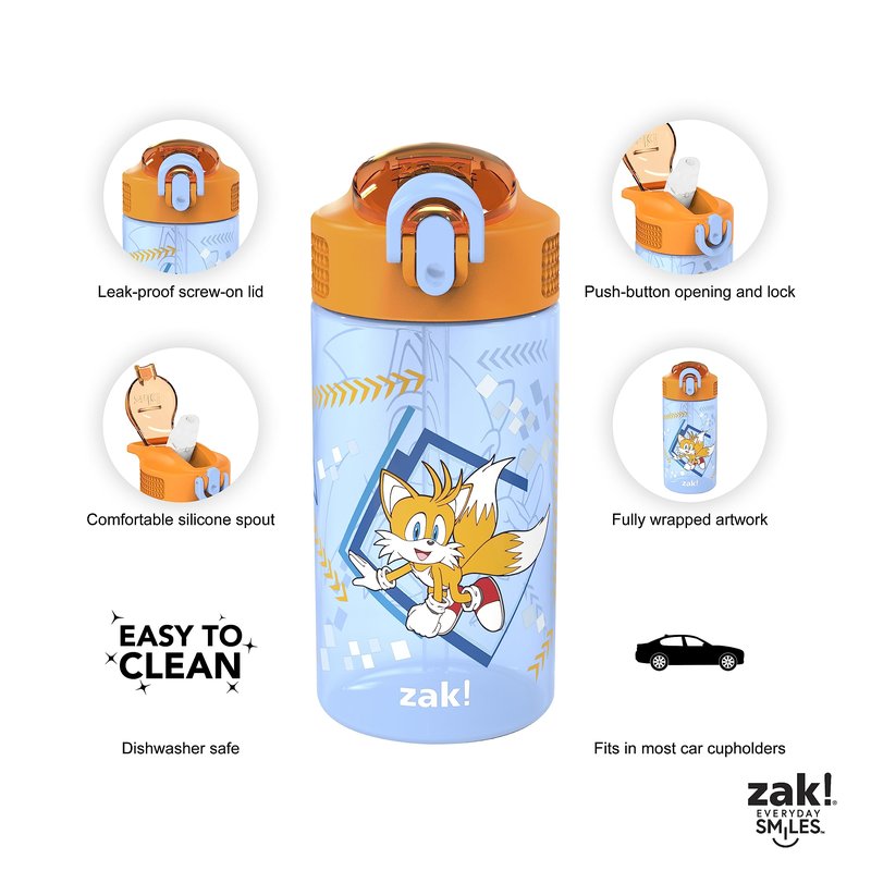 Zak Designs Sonic Kids' 2-Pack Leak-Proof Water Bottles With Straw, Handle and Pop-Up Spout Cover
