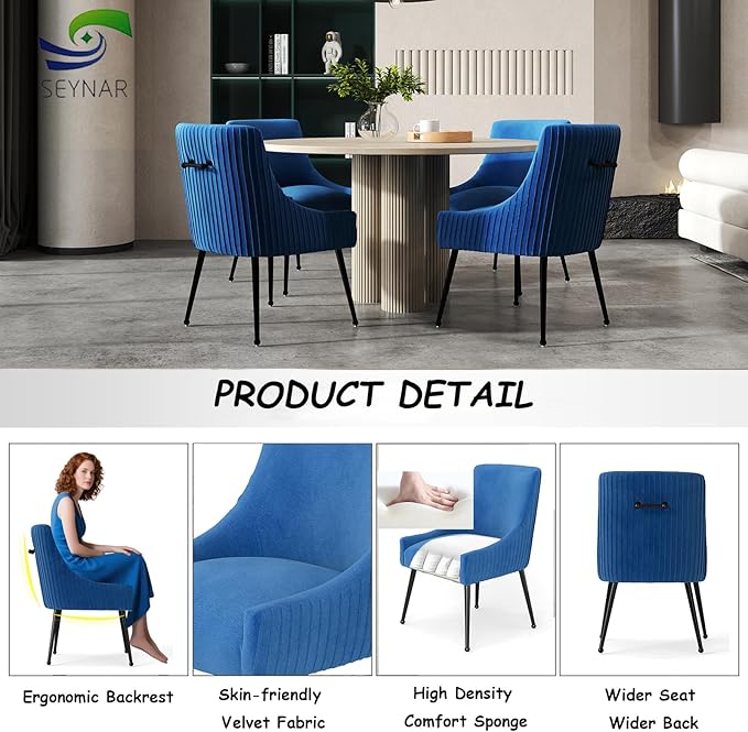 Velvet Dining Chairs Set of 6,Blue Upholstered Living Room Chairs with Black Metal Legs, Modern Tufted Accent Chairs for Living Room, Study Room, Kitchen