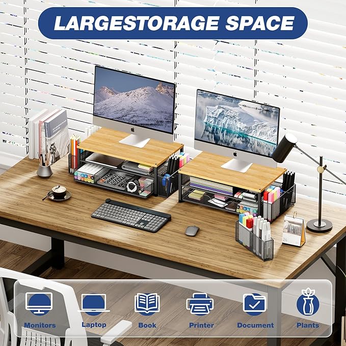 Desk Organizers and Accessories, 2-Tier Computer Monitor Stand with Drawer and 2 Pen Holders, Laptop Stand, Office Desk Accessories for Office Supplies, Oak