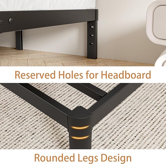 Full Size Bed Frame 16 Inch, Metal Platform Full Bed Frame No Box Spring Needed, DIY Headboard Hole, Heavy Duty Steel Support 3500 LBS, Noiseless, Round Leg, Storage Space, Easy Assembly, Black