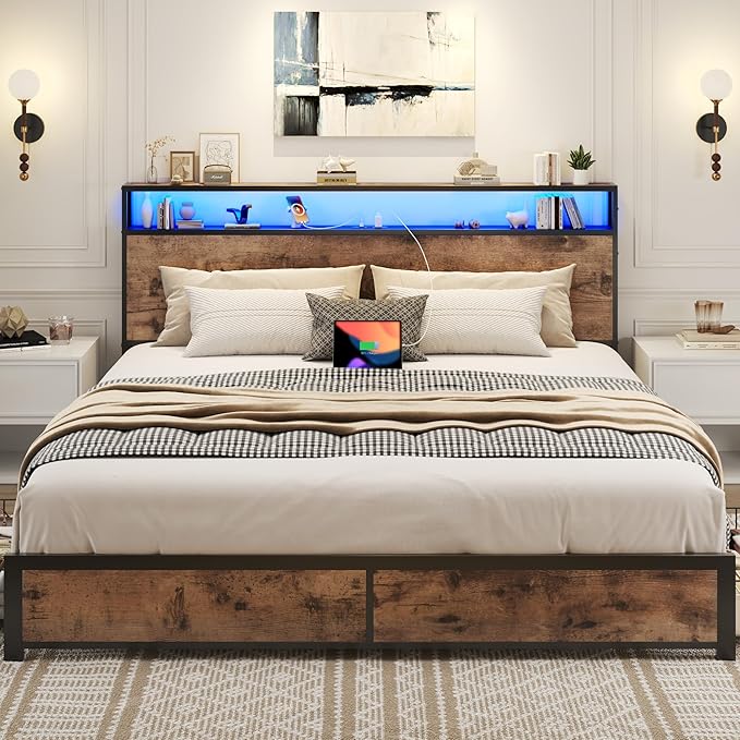 Lifezone King Bed Frame with 2-Tier Storage Headboard, Metal Platform Bed Frame with 4 Storage Drawers, Built in Charging Station & LED, Noise-Free/Metal Support/No Box Spring Needed, Vintage Brown