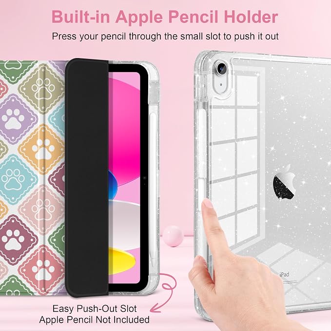 MEEgoodo Case for iPad A16 11th Generation 2025/10th Generation 2022 Glitter Tablet Cases with Transparent Acrylic Back+Trifold Stand +Pencil Holder+Auto Wake/SleepAbstract Sun &amp Palm Tree