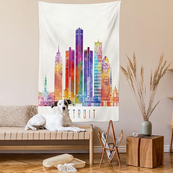 Ambesonne Detroit Tapestry Twin Size, Vibrant Colored Abstract Skyscrapers Modern Architecture Watercolor Style Landmarks, Wall Hanging Bedspread Bed Cover Wall Decor, 68" X 88", Ivory