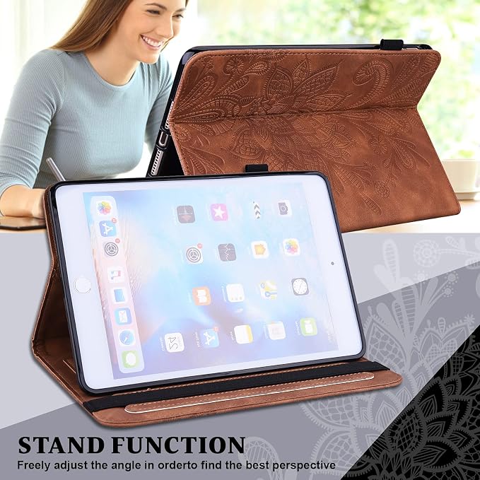 for Kindle Fire HD 8 Tablet (only Fits 10th Generation) &amp Fire HD 8 Plus 8 Case 2020 with Stand/Pencil Holder/Card Pocket/Elastic Band Embossed PU Leather Floral Cover Brown Peacock Flower
