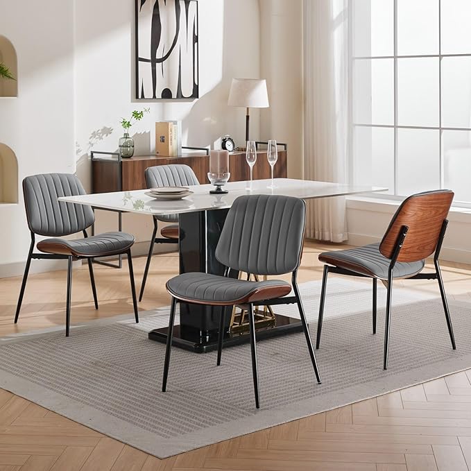 Dining Chairs Set of 4, Mid Century Modern Accent Dining Room and Kitchen Chairs, Upholstered PU Leather Vertical Stripe Chairs for Vanity with Walnut Bentwood and Metal Legs, Gray