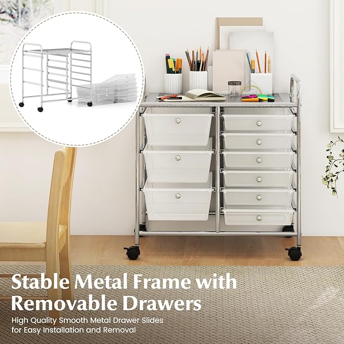 COSTWAY Rolling Storage Cart with 9 Drawer, Mobile Utility Cart with Metal Frame, Art Supply Craft Organizer, Multipurpose Storage Organizer for Paper, Office, School Teacher, Classroom, Transparent