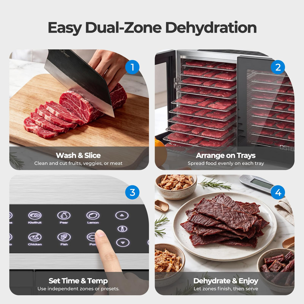 OSTBA Dual Zone Food Dehydrator with 20 Stainless Steel Trays, 1300W Food Dryer with Independent Controls, 95–180°F Temperature Range & 48H Timer for Jerky, Meat, Fruit, Vegetables, Herbs & Pet Treats