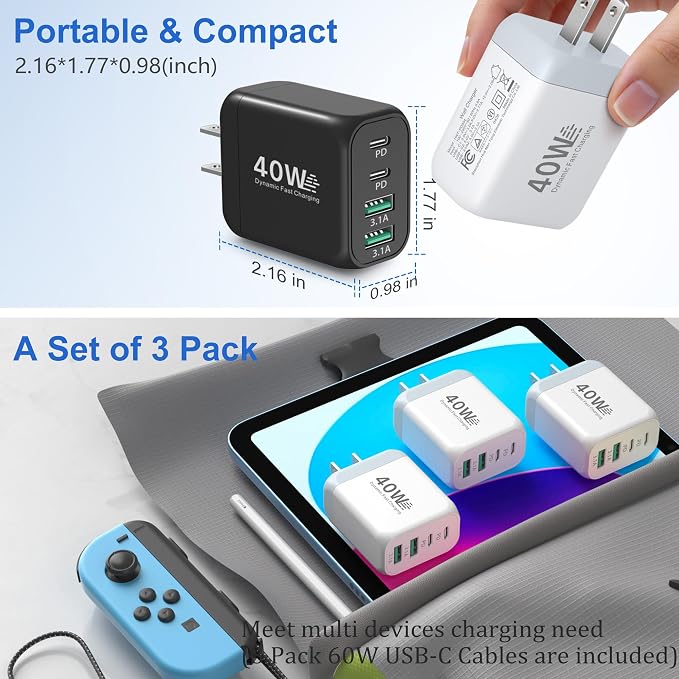 USB C Charging Blocks Costyle Multi USBC Wall Fast Charger Plug Adapter PD/PPS 25W Super Fast Type C Charging Block for Samsung S26 Ultra S25 S24 A16 A17 iPhone 17 16e 15 Pro Max+3 Pack USB-C Cable