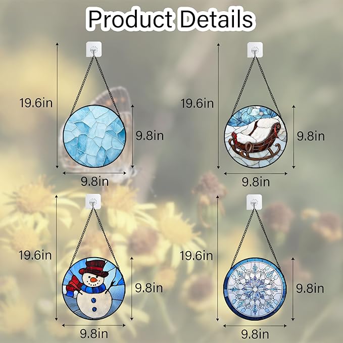 Stained Glass Window Hanging 4 Pcs Set Blue White Christmas Snowman Snowflake 9.8" - Suncatcher Door Garden Sun Catcher Decor Birthday Mother's Day Xmas Gifts for Mom Woman Nana Men